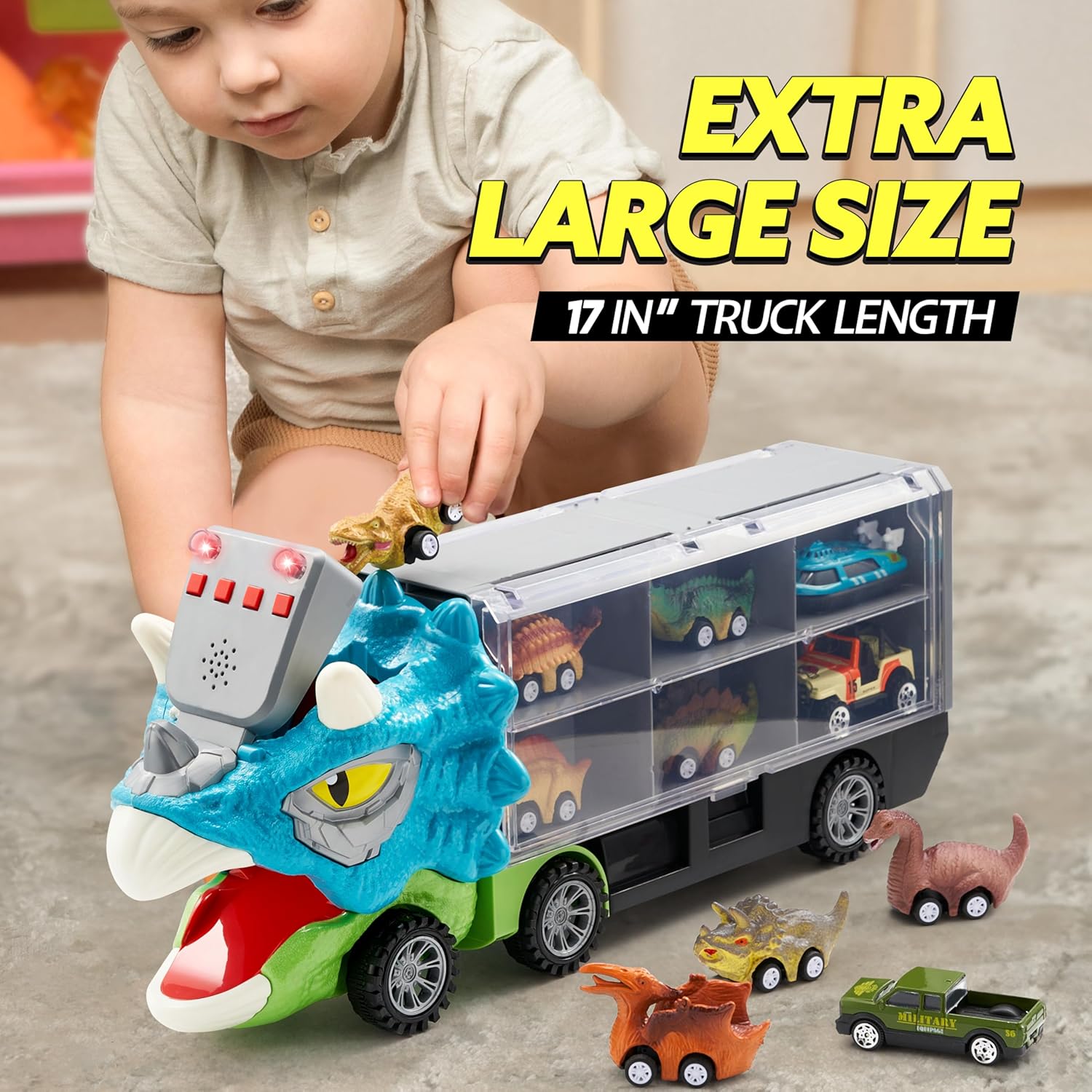 ⏰ LAST DAY 60% OFF 💥 13 in 1 Dinosaur Toys for Kids 3-5, Dinosaur Truck with 12 Pull Back Cars, Birthday Gifts Toys for 3 4 5+ Year Old Boy, Transport Carrier Truck for Toddlers, Christmas Great Gifts for Grandkids