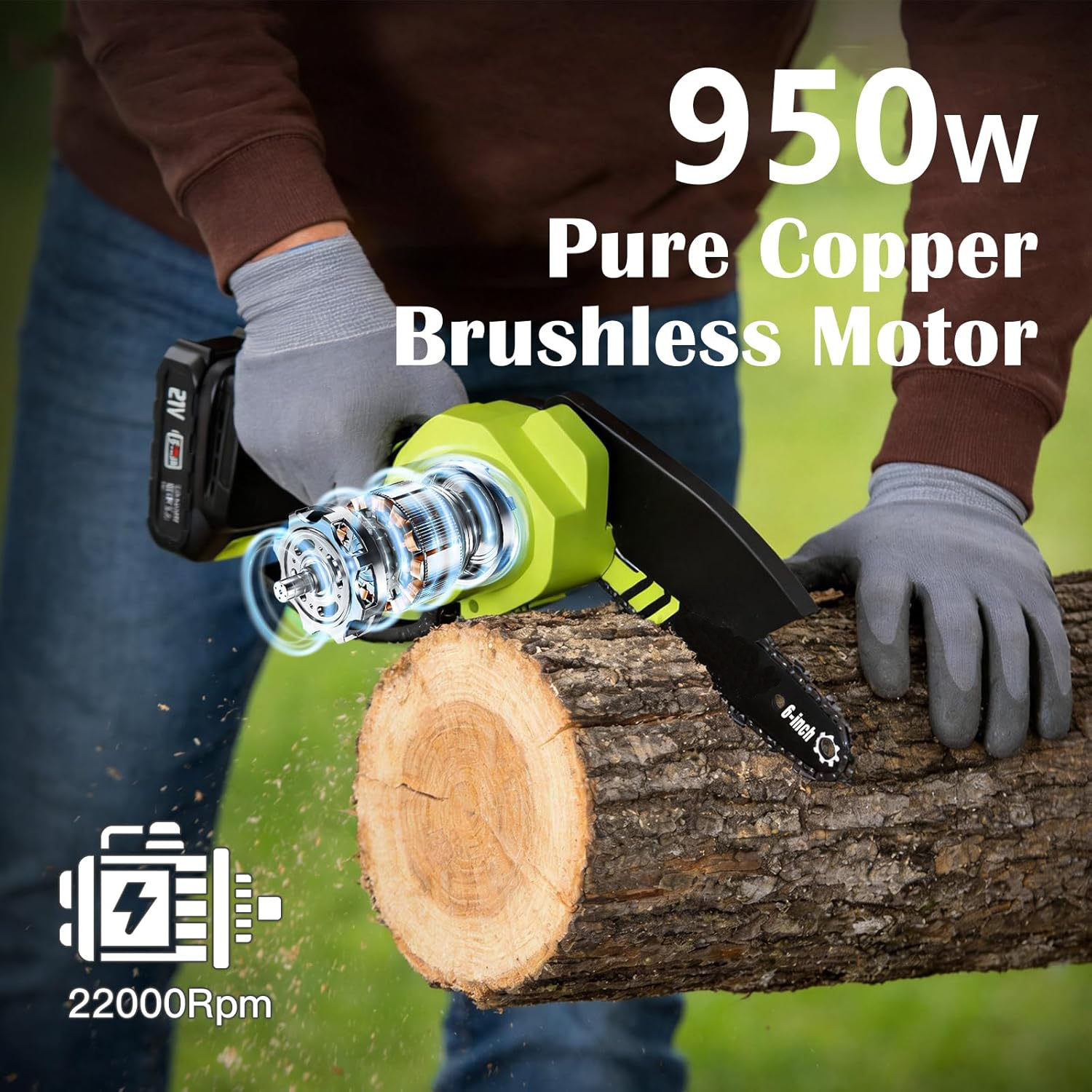 6-inch Mini Chainsaw Cordless: Home Garden Electric Chainsaw - 950W Pure Copper Brushless Motor, High Efficiency, Low Noise, 21V Batteries x2, Up to 80-Min Runtime