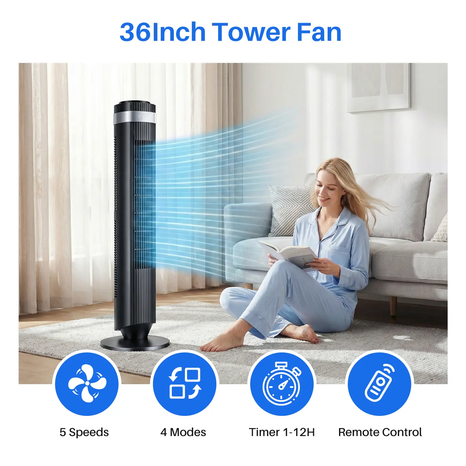 🔥Summer Sale 45% OFF🔥Silent Bladeless Tower Fan | 28dB Quiet Standing Fan for Bedroom