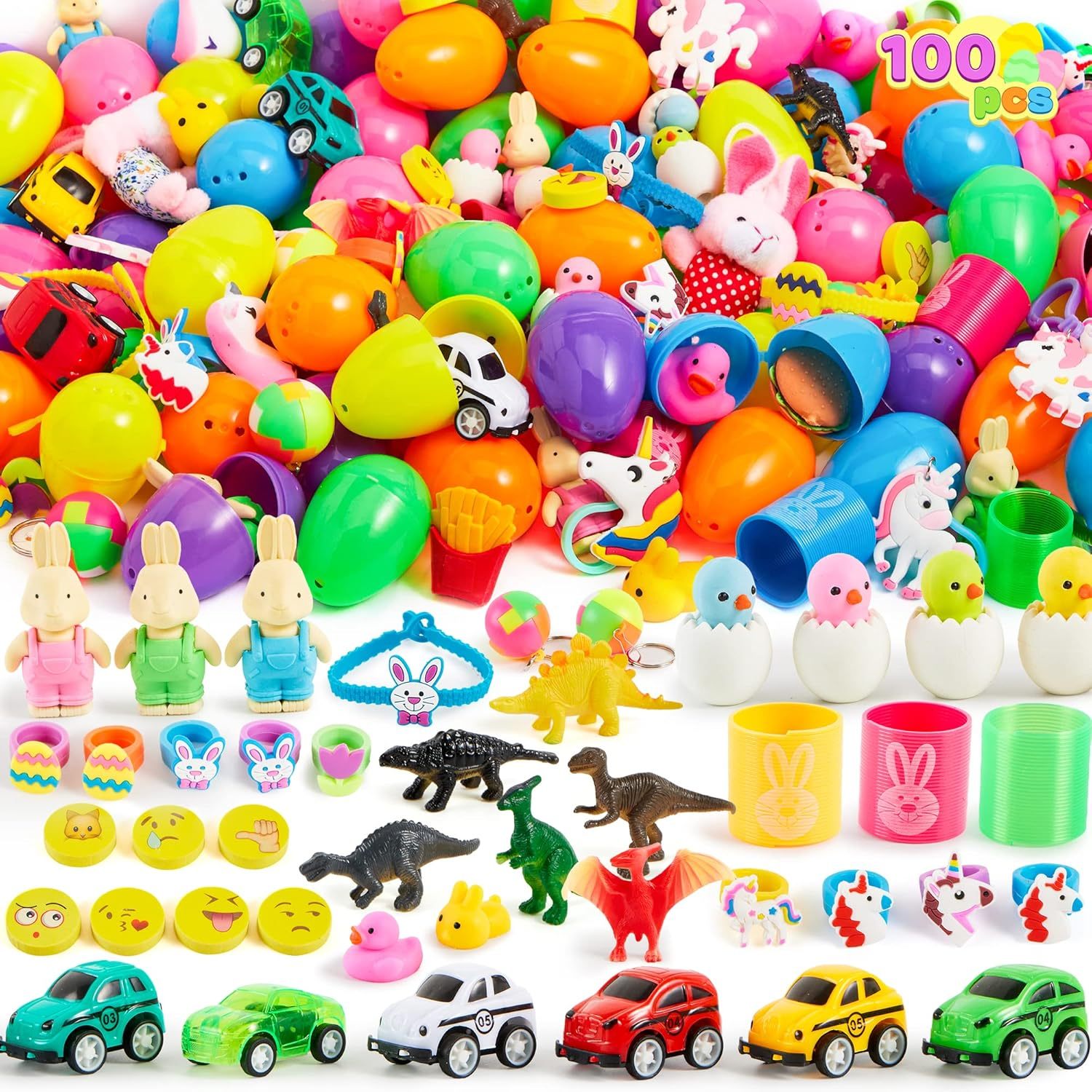 ⏰ LAST DAY 60% OFF 💥 100 Pcs Prefilled Easter Eggs with Toys Plus Stickers, Filled with Toys Party Favors for Kids Boys Girls Easter Eggs Hunt, Basket Stuffers Fillers, Classroom Prize Supplies