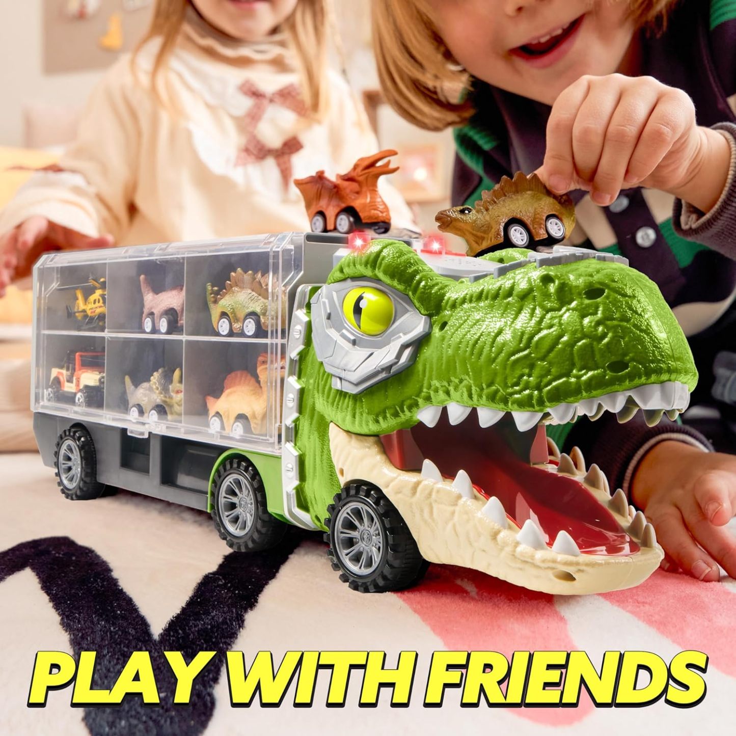 ⏰ LAST DAY 60% OFF 💥 13 in 1 Dinosaur Toys for Kids 3-5, Dinosaur Truck with 12 Pull Back Cars, Birthday Gifts Toys for 3 4 5+ Year Old Boy, Transport Carrier Truck for Toddlers, Christmas Great Gifts for Grandkids