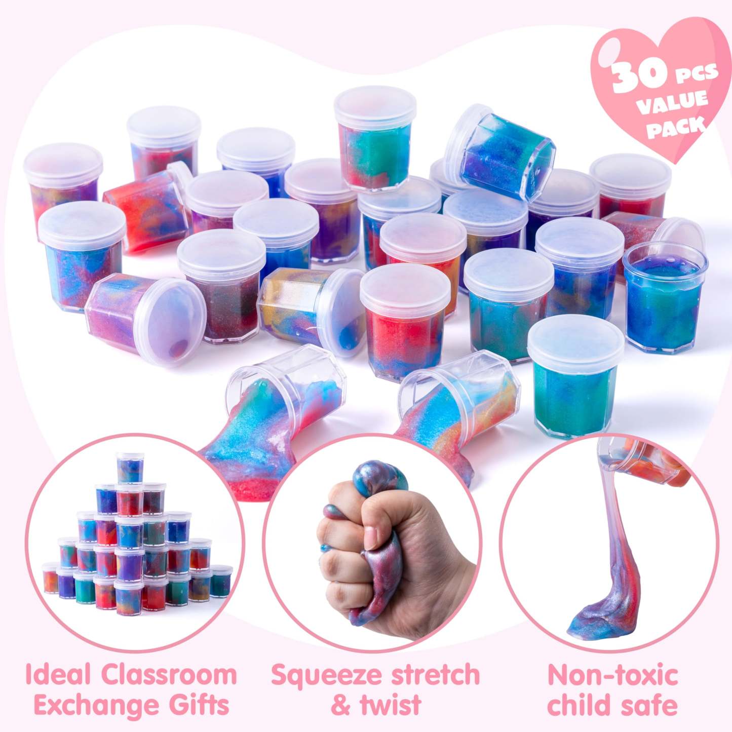 30 Packs Valentines Galaxy Slime With Cards for Kids, Stress Relief Fidget Toy for Kids Valentines Class Exchange Cards, Valentines Party Favors