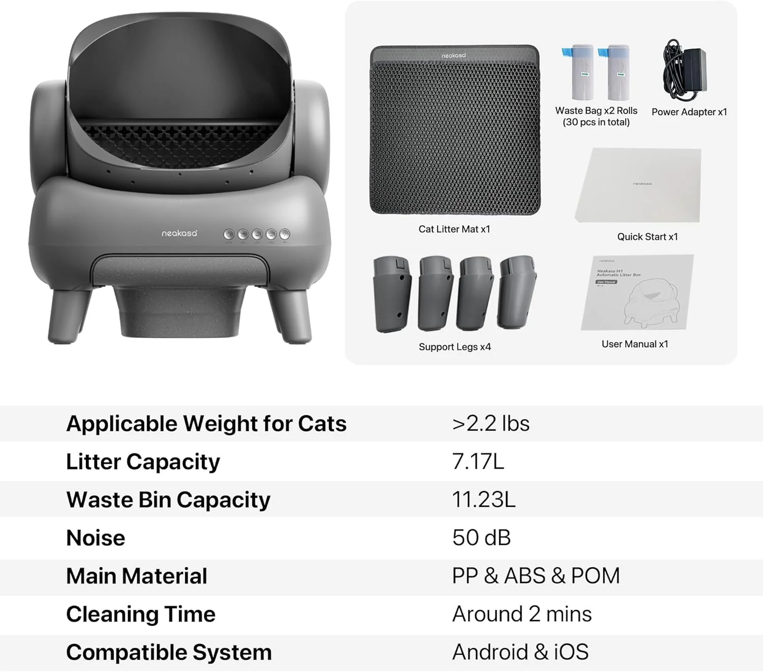 M1 Open-Top Self Cleaning Cat Litter Box, Automatic Cat Litter tray with APP Control, Odor-Free Waste Disposal Includes Trash Bags and Mat