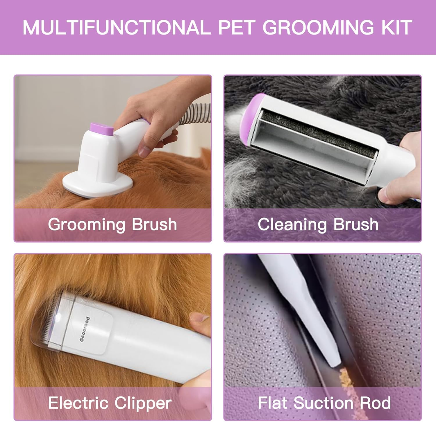 Vacuum Kit, 2.5L Dust Cup Pet Grooming with Clippers for Dogs Cats Hair Shedding Brush at Home Purple