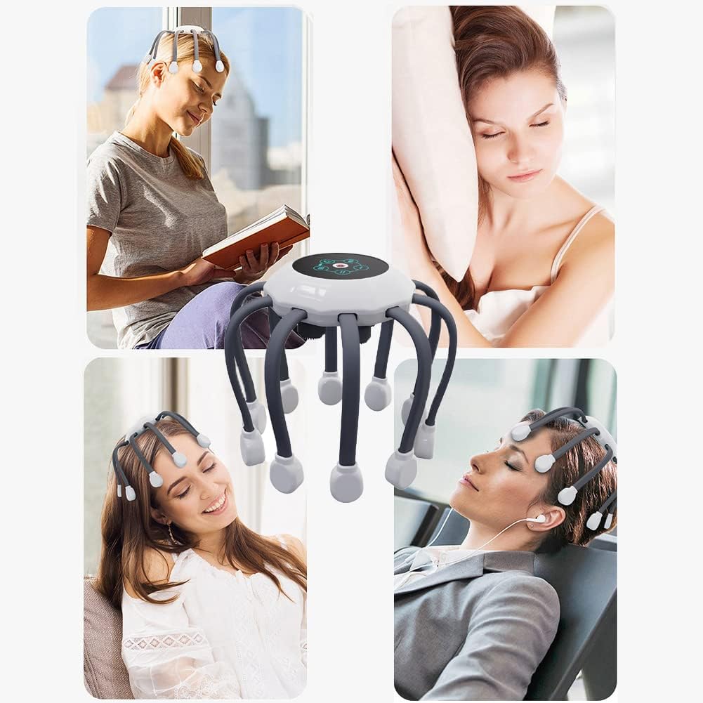  Automatic Scalp Massager Octopus Head Massager with 14 Vibrating Contacts, 5 Modes, Smart Timing, Electric Head Massager for Scalp Stress Relaxation, Relieve Headaches (Grey)