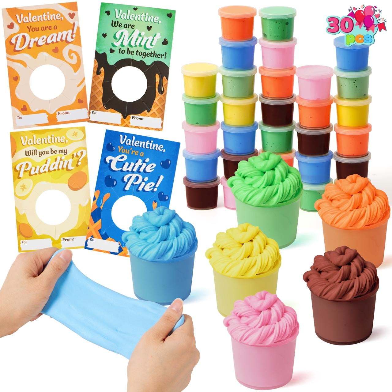 30 Packs Valentines Galaxy Slime With Cards for Kids, Stress Relief Fidget Toy for Kids Valentines Class Exchange Cards, Valentines Party Favors