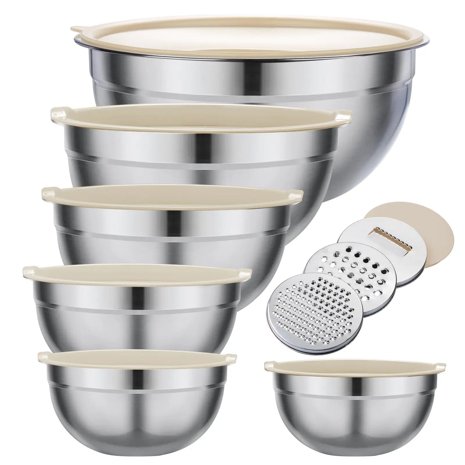 Mixing Bowl Set, 6 PCS Stainless Steel Mixing Bowls with 3 Grinder Attachments, Kitchen Food Organizer Nesting Mixing Bowls Tableware Durable