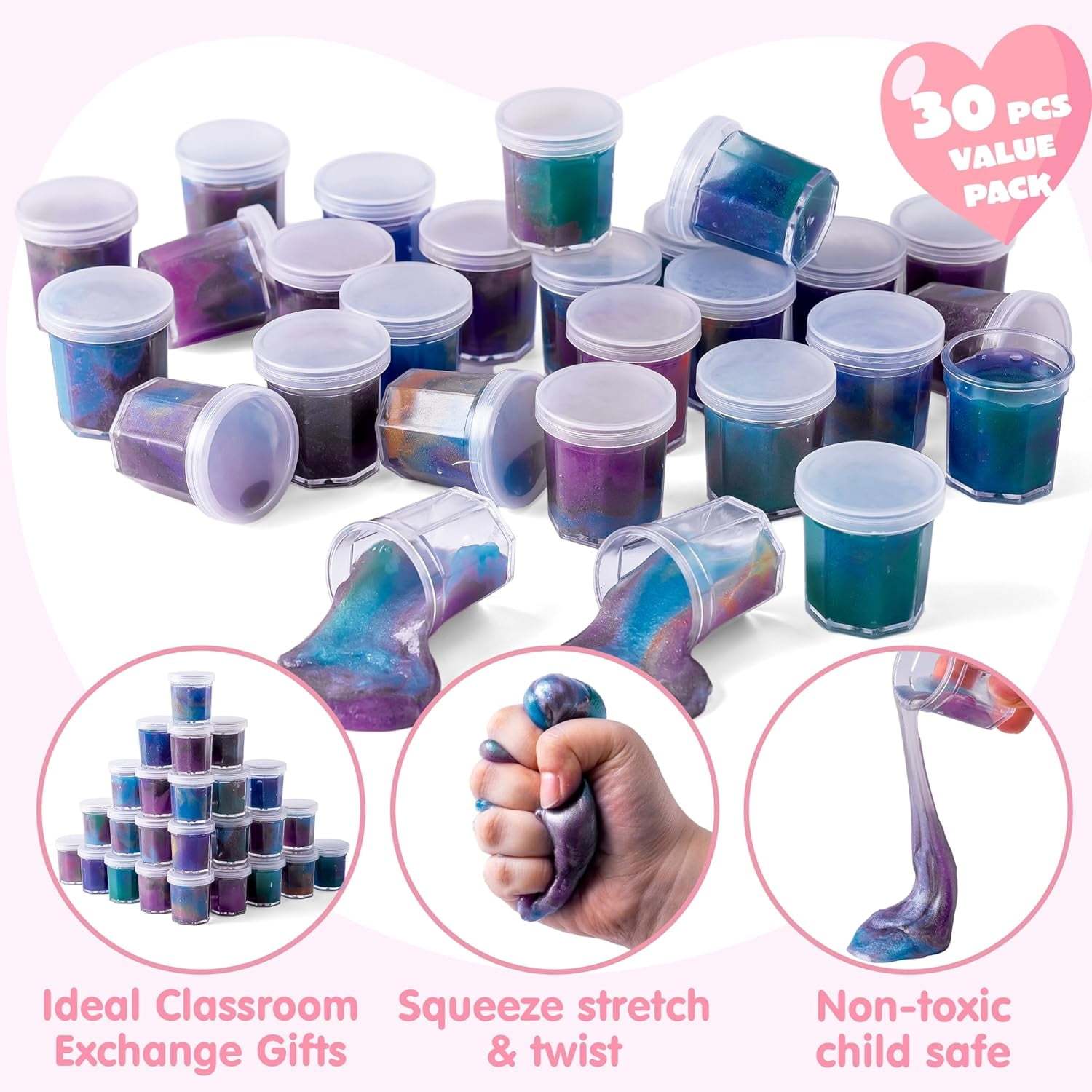 30 Packs Valentines Galaxy Slime With Cards for Kids, Stress Relief Fidget Toy for Kids Valentines Class Exchange Cards, Valentines Party Favors