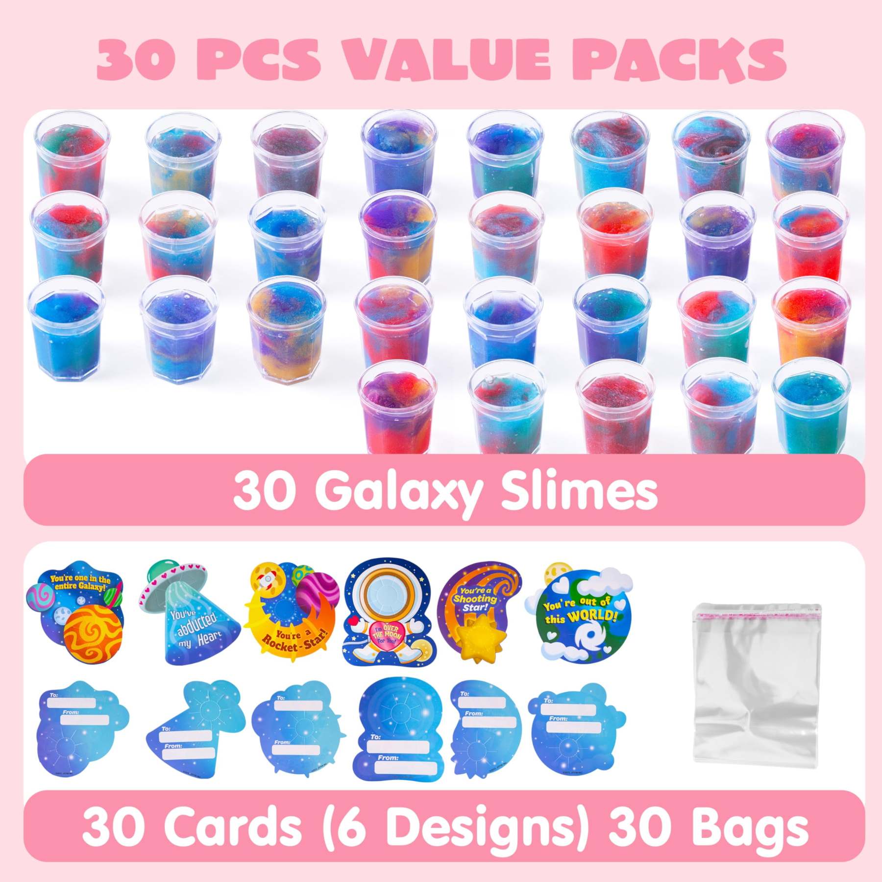 30 Packs Valentines Galaxy Slime With Cards for Kids, Stress Relief Fidget Toy for Kids Valentines Class Exchange Cards, Valentines Party Favors