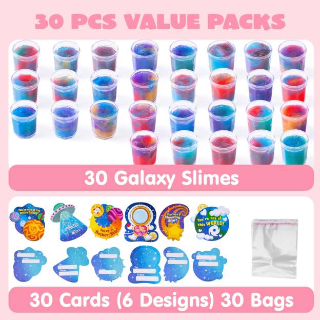 30 Packs Valentines Galaxy Slime With Cards for Kids, Stress Relief Fidget Toy for Kids Valentines Class Exchange Cards, Valentines Party Favors