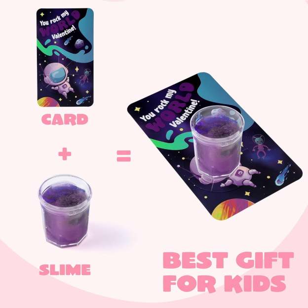 30 Packs Valentines Galaxy Slime With Cards for Kids, Stress Relief Fidget Toy for Kids Valentines Class Exchange Cards, Valentines Party Favors