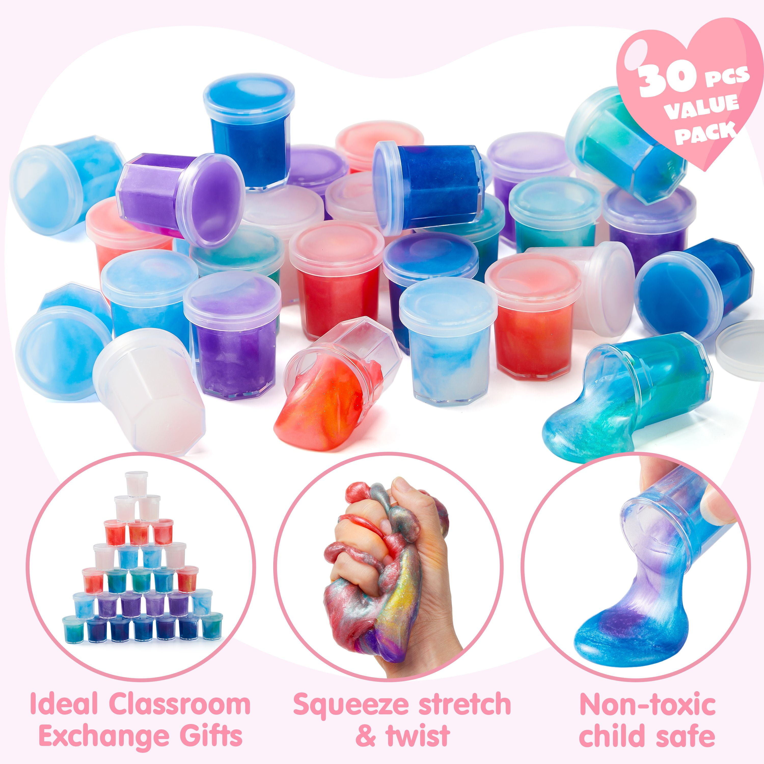 30 Packs Valentines Galaxy Slime With Cards for Kids, Stress Relief Fidget Toy for Kids Valentines Class Exchange Cards, Valentines Party Favors