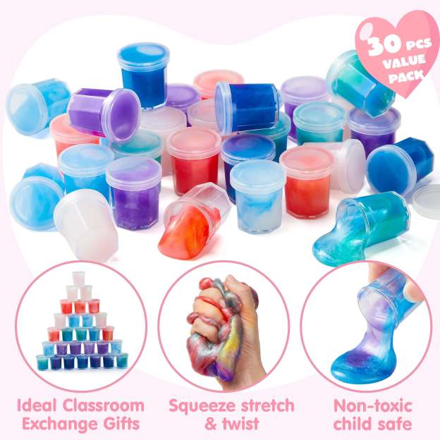 30 Packs Valentines Galaxy Slime With Cards for Kids, Stress Relief Fidget Toy for Kids Valentines Class Exchange Cards, Valentines Party Favors