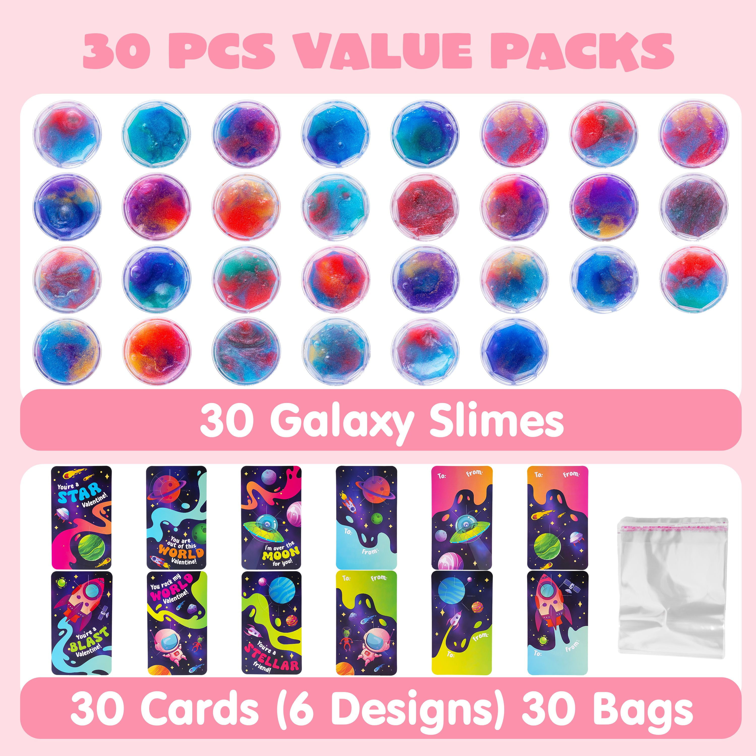 30 Packs Valentines Galaxy Slime With Cards for Kids, Stress Relief Fidget Toy for Kids Valentines Class Exchange Cards, Valentines Party Favors