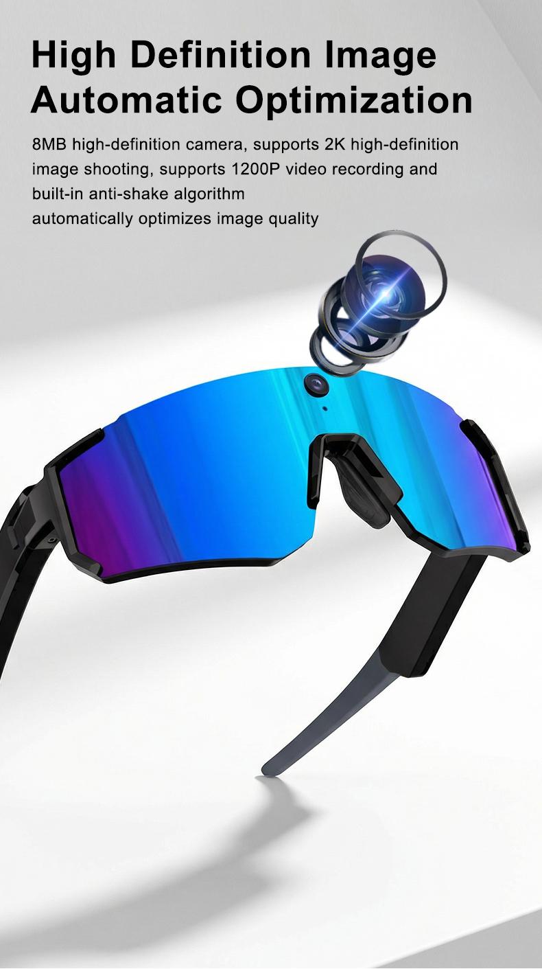 Smart Sports Glasses with 8MP Camera, 2K Photo/1200P Video Recording Wearable Glasses, IP54 Waterproof Multifunctional Wireless Audio Bluetooth Glasses with Headphone, Outdoor Sports Polarized Sunglasses with AI Voice Assistant, UV Protection Eyeglass
