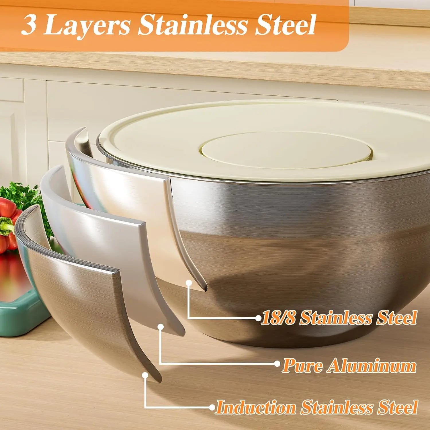 Mixing Bowl Set, 6 PCS Stainless Steel Mixing Bowls with 3 Grinder Attachments, Kitchen Food Organizer Nesting Mixing Bowls Tableware Durable