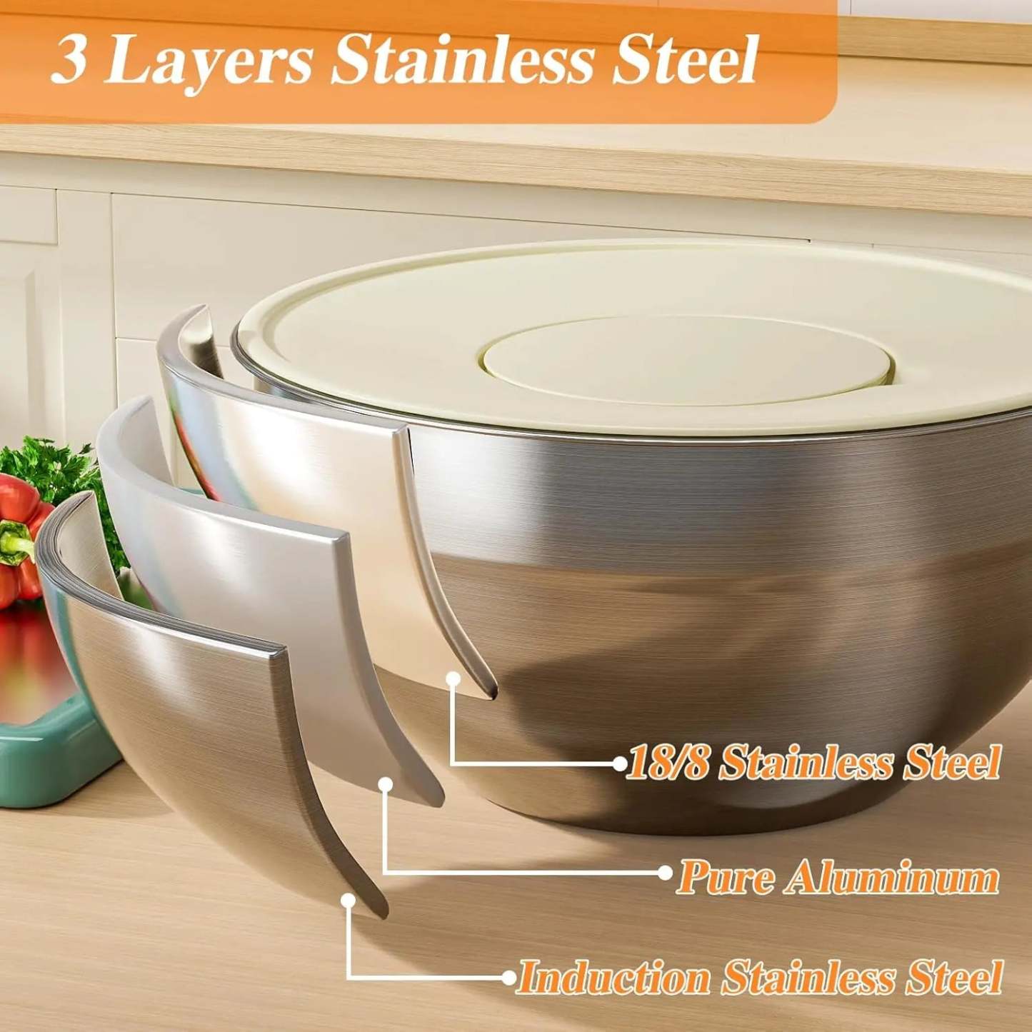 Mixing Bowl Set, 6 PCS Stainless Steel Mixing Bowls with 3 Grinder Attachments, Kitchen Food Organizer Nesting Mixing Bowls Tableware Durable