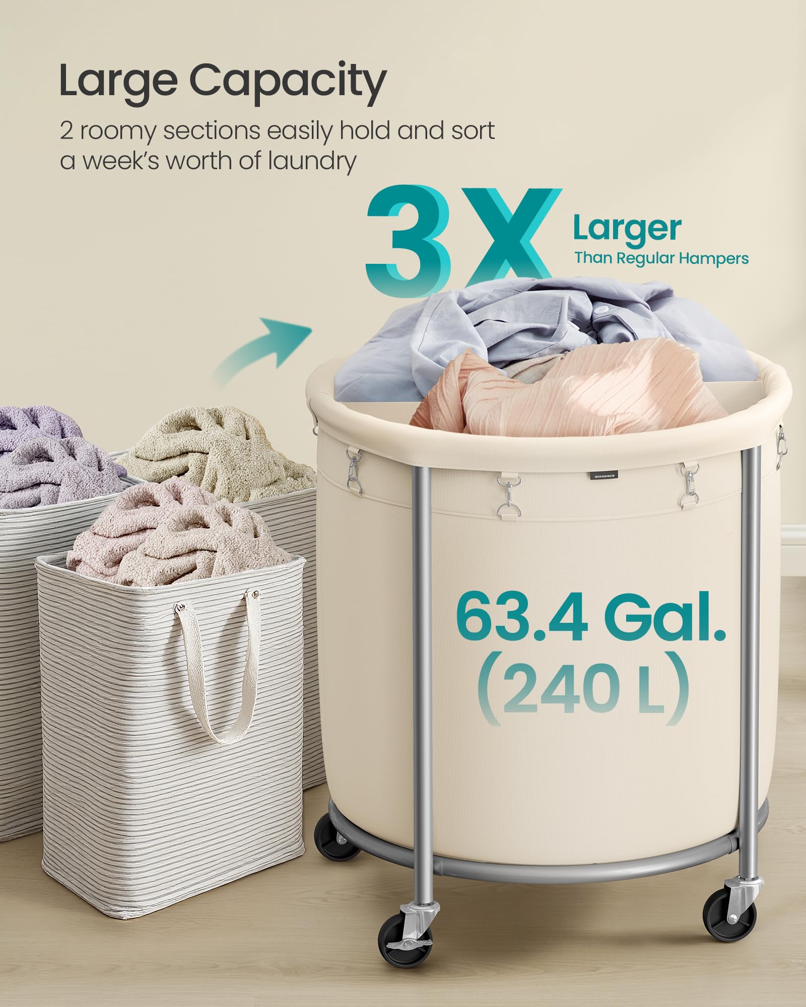 Heavy-Duty Rolling Laundry Basket | Extra Large Storage Cart (70-240)L🧺💨