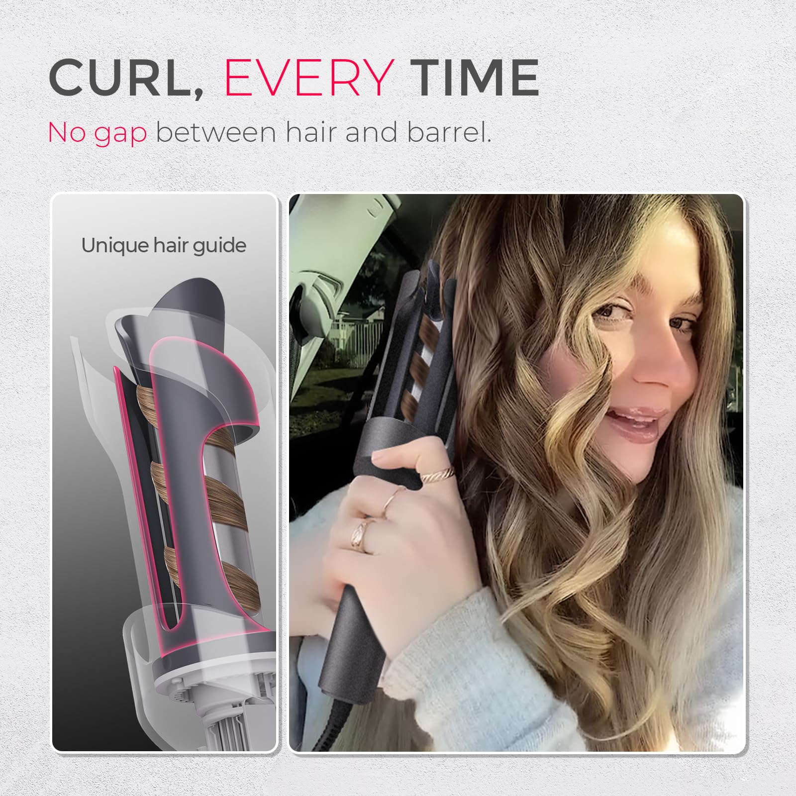 TYMO Automatic Rotating Curling Iron - TYMO CURLPRO Beach Waves Curling Wand, Portable Hair Curler, 500 Million Ionic, Dual Voltage & Lightweight for Travel, Ceramic Coating, 1 1/4 Inch, Pink