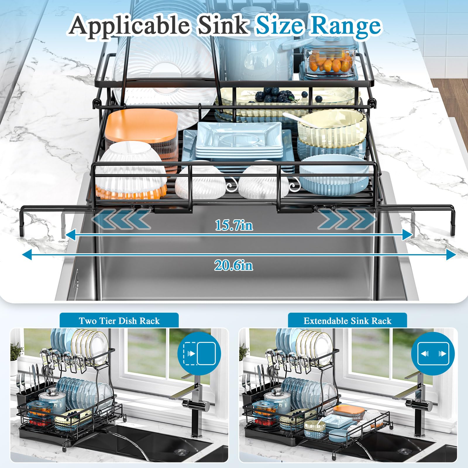 2-Tier Extendable Dish Drying Rack - Anti-Rust Pro Series 