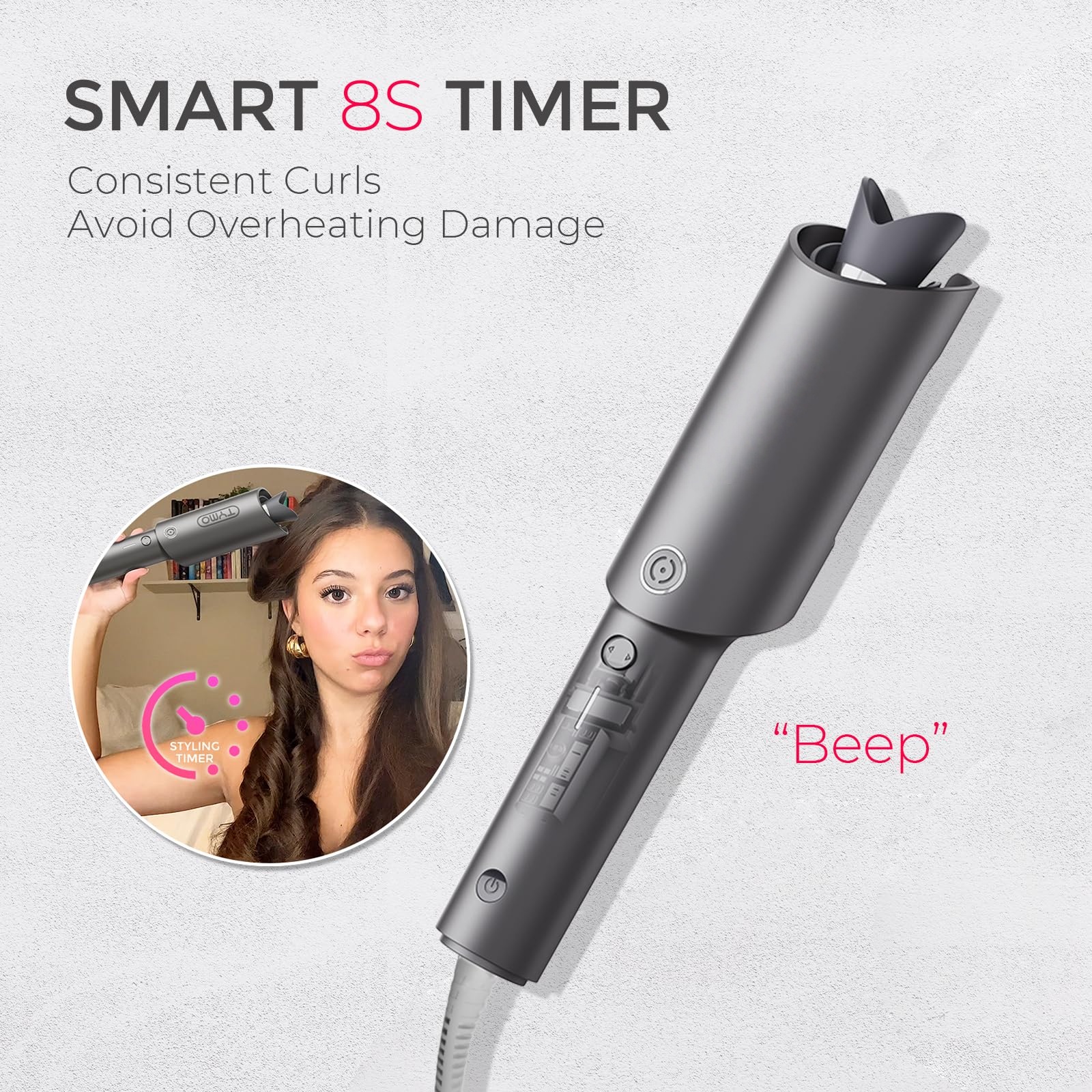 TYMO Automatic Rotating Curling Iron - TYMO CURLPRO Beach Waves Curling Wand, Portable Hair Curler, 500 Million Ionic, Dual Voltage & Lightweight for Travel, Ceramic Coating, 1 1/4 Inch, Pink