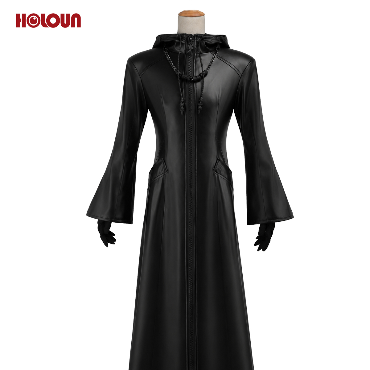 HOLOUN KH Game Organization Cosplay Costume Black Hooded Leather Coat Necklace Gloves Convention Halloween Christmas