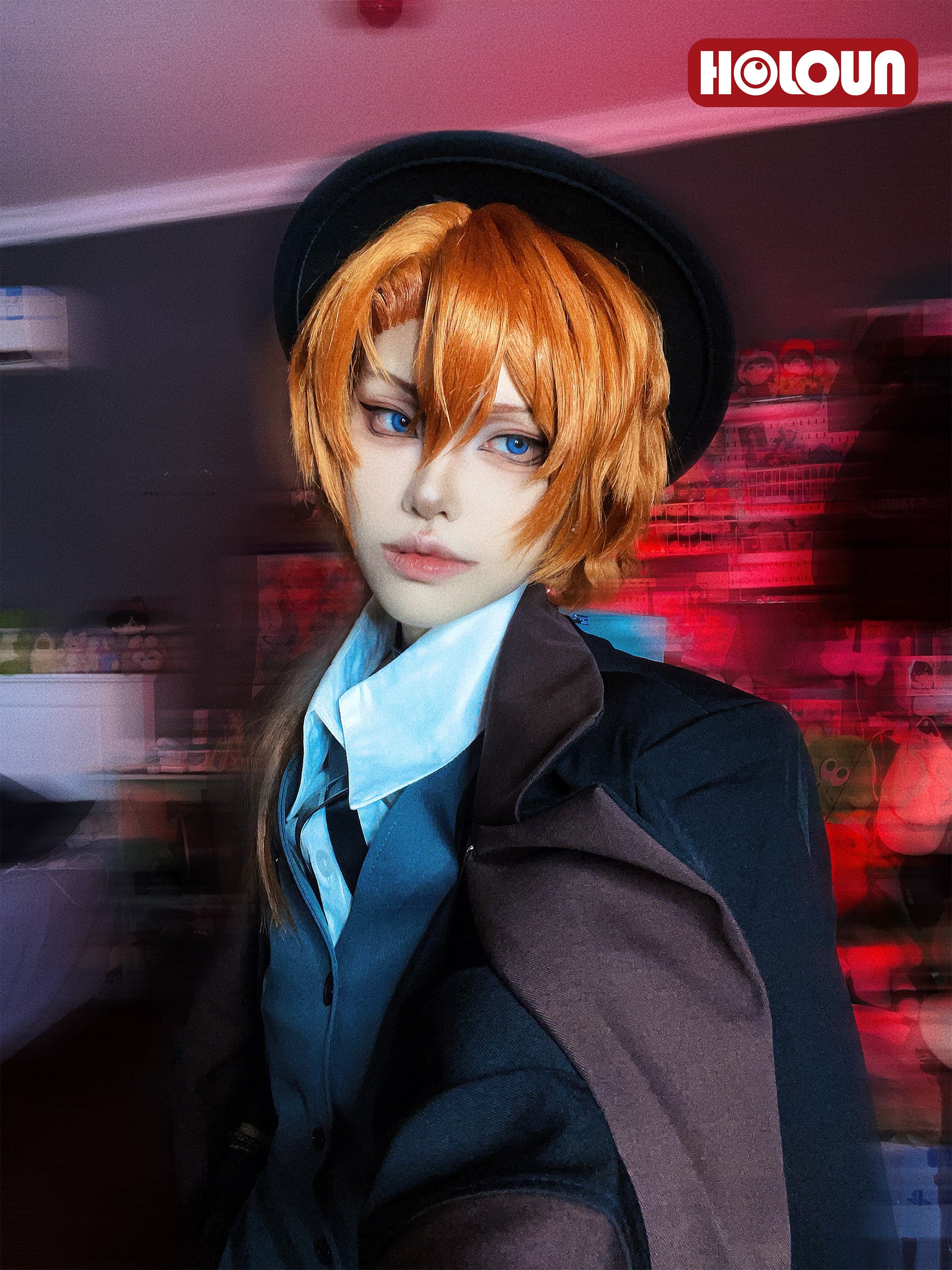 HOLOUN Bungo Anime Nakahara Chuuya Cosplay Costume Wig Oversize Lining Coat Elastic Pants Shirt Vest Hat Gloves Choker Daily Wearing