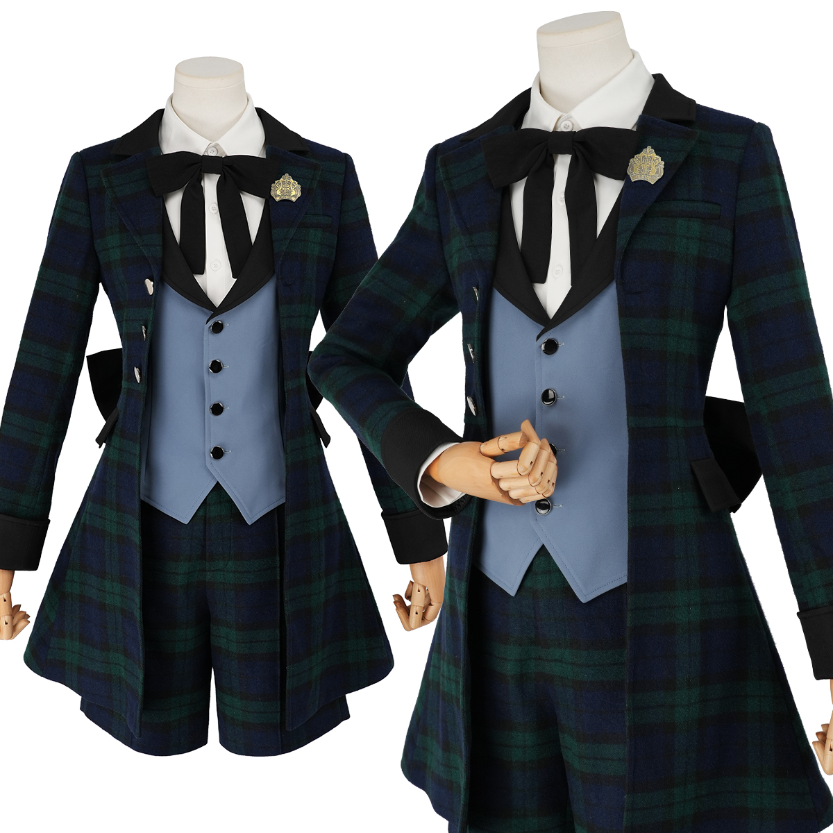 Pre-sale HOLOUN Anime Ciel Phantomhive Cosplay Costume Green Plaid Tailcoat Vest Shorts Shirt Bow Tie Eye Mask Convention Halloween