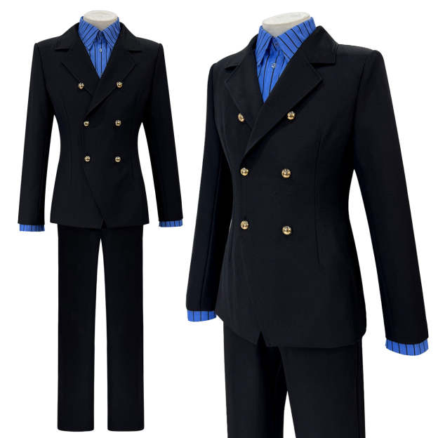 HOLOUN ONE Anime Sanji Cosplay Costume Wig Black Double-Breasted Suit Pants Blue Shirt Daily Wear Cos Convention