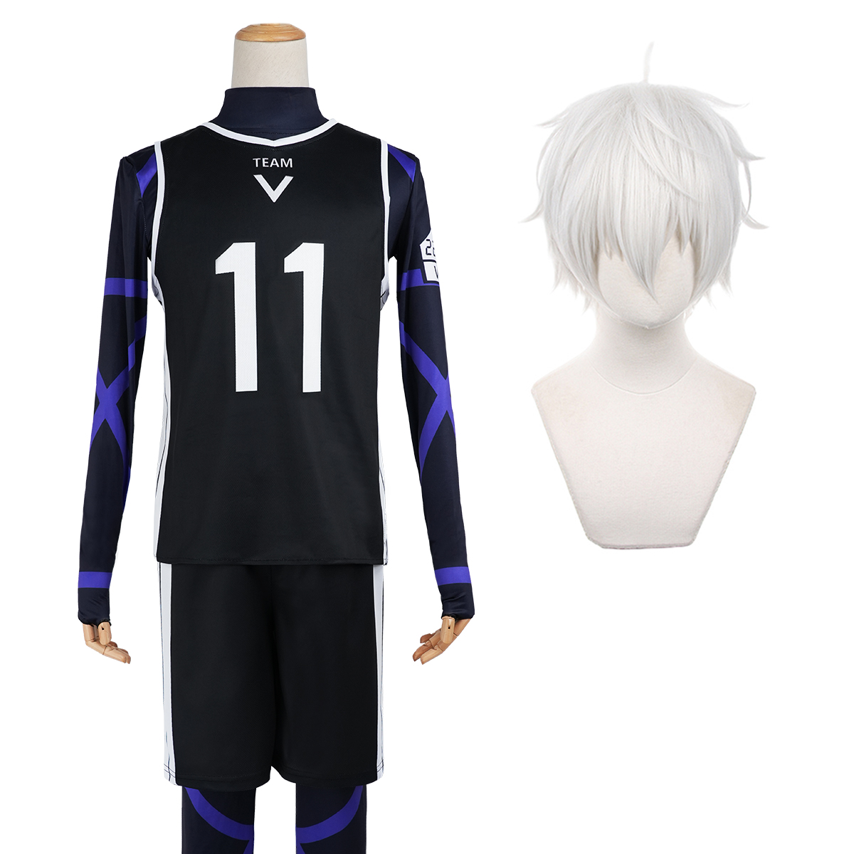 HOLOUN Blue Lock Anime Nagi Cosplay Costume Wig Jersey No.11 Black T-shirt Football Soccer Training Uniform Halloween Christmas
