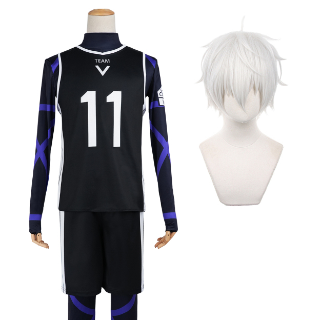 HOLOUN Blue Lock Anime Nagi Cosplay Costume Wig Jersey No.11 Black T-shirt Football Soccer Training Uniform Halloween Christmas