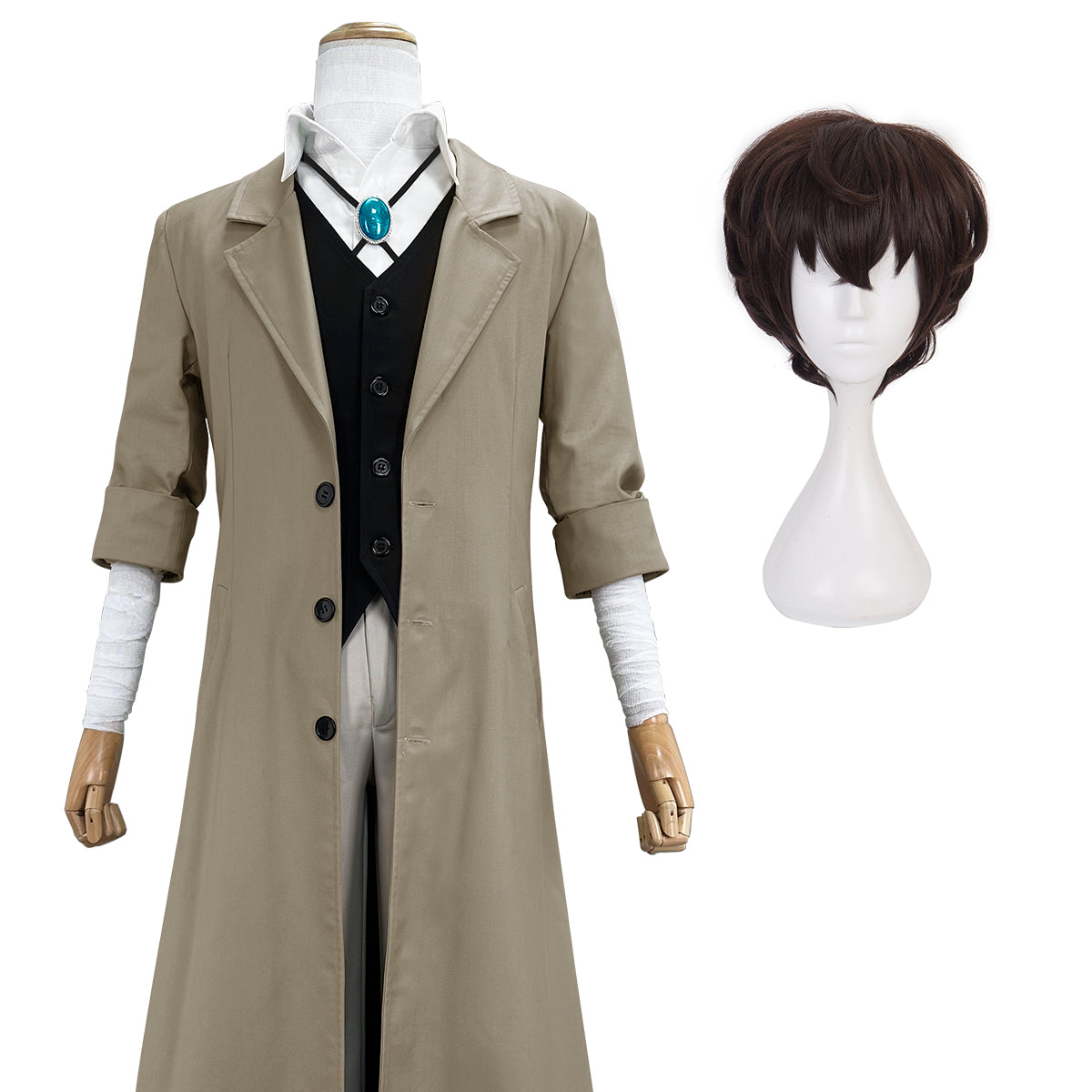 HOLOUN Bungo Anime Dazai Osamu Cosplay Costume Wig Oversized Lining Coat Elastic Pants Vest Shirt Pendant Verson 1