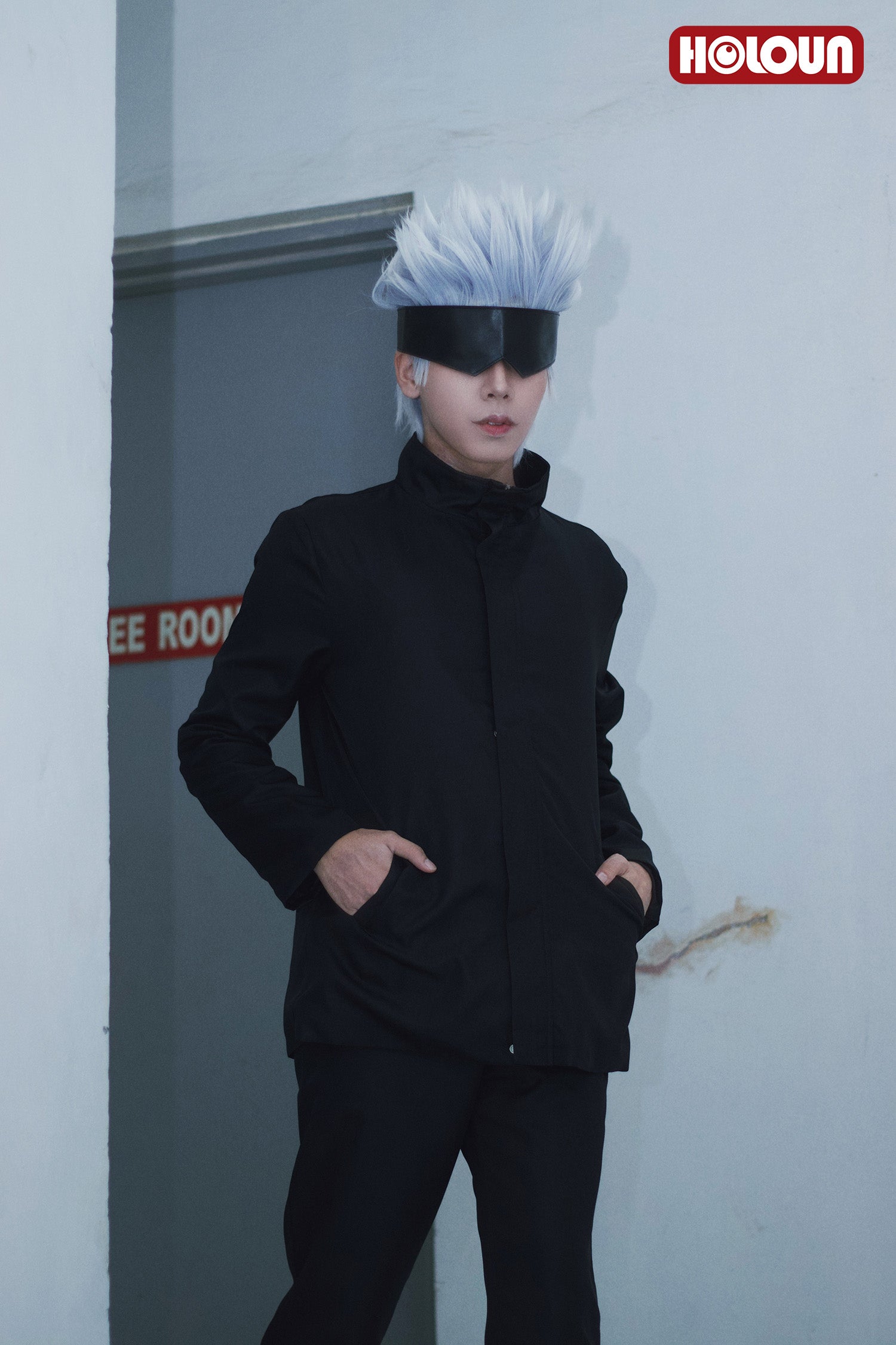 HOLOUN Jujutsu JJK Manga Anime Satoru Gojo Cosplay Costume Shibuya Incident Black Uniform Patch Wig Rose Net Synthetic Halloween