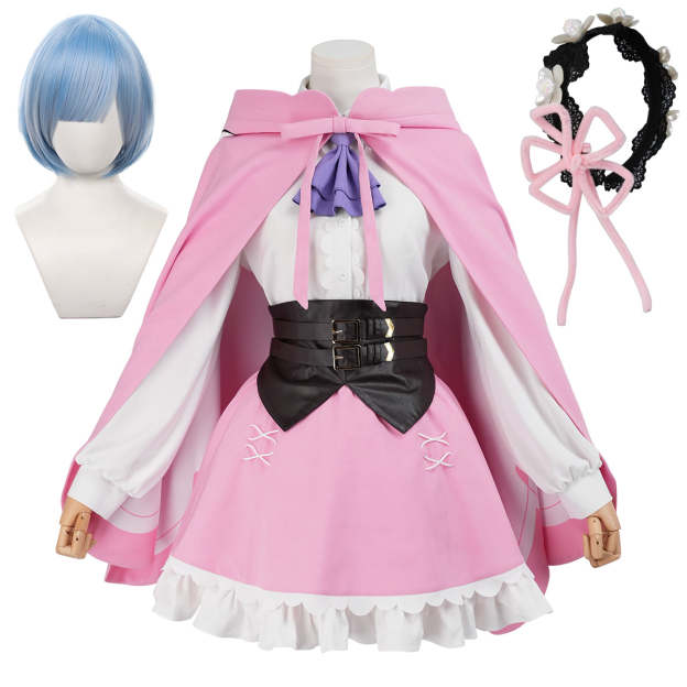 HOLOUN Re:Zero Anime Ram Rem Cosplay Costume Wig Green Pink Cloak Skirt Headwear Convention Halloween Comic Party Outfit