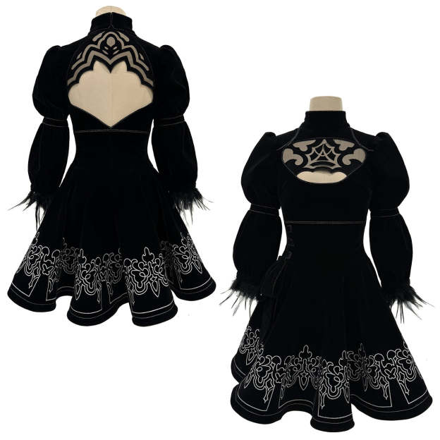 HOLOUN 2B Game Cosplay Costume Embroidery Dress Convention Halloween Christmas Eye Mask Gloves Stockings Hairband