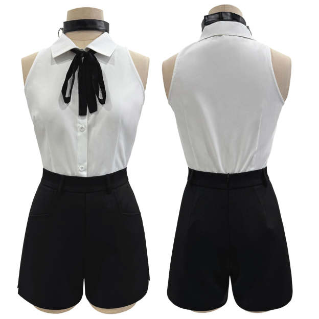 HOLOUN Chainsaw Anime Reze Cosplay Costume Wig White Shirt Black Shorts Choker Tie Halloween Christmas Convention Rose Net
