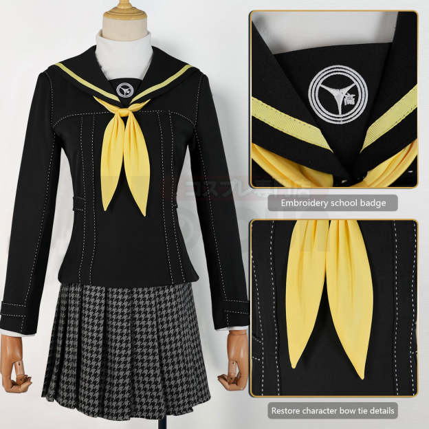 HOLOUN P4 Game Kujikawa Rise Cosplay Costume Embroidery School Badge Suit Plaid Pattern Skirt White Shirt Yellow Tie Daily Wear
