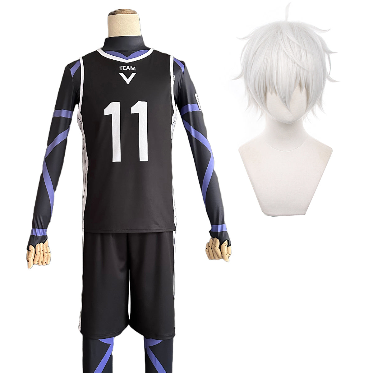 HOLOUN Blue Lock Anime Nagi Cosplay Costume Wig Jersey No.11 Black T-shirt Football Soccer Training Uniform Halloween Christmas