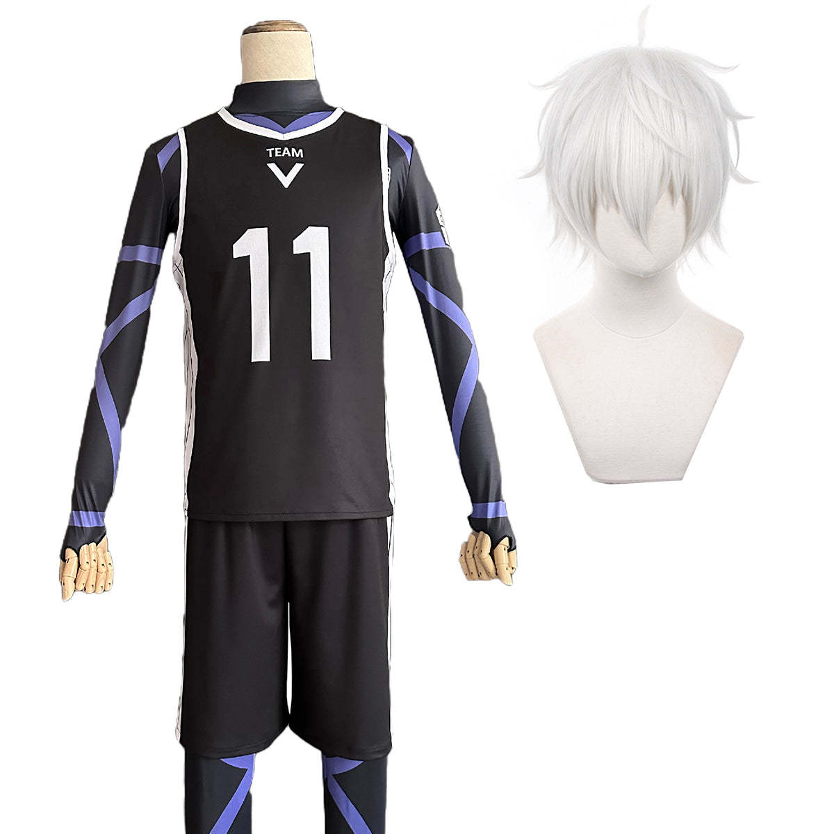 HOLOUN Blue Lock Anime Nagi Cosplay Costume Wig Jersey No.11 Black T-shirt Football Soccer Training Uniform Halloween Christmas