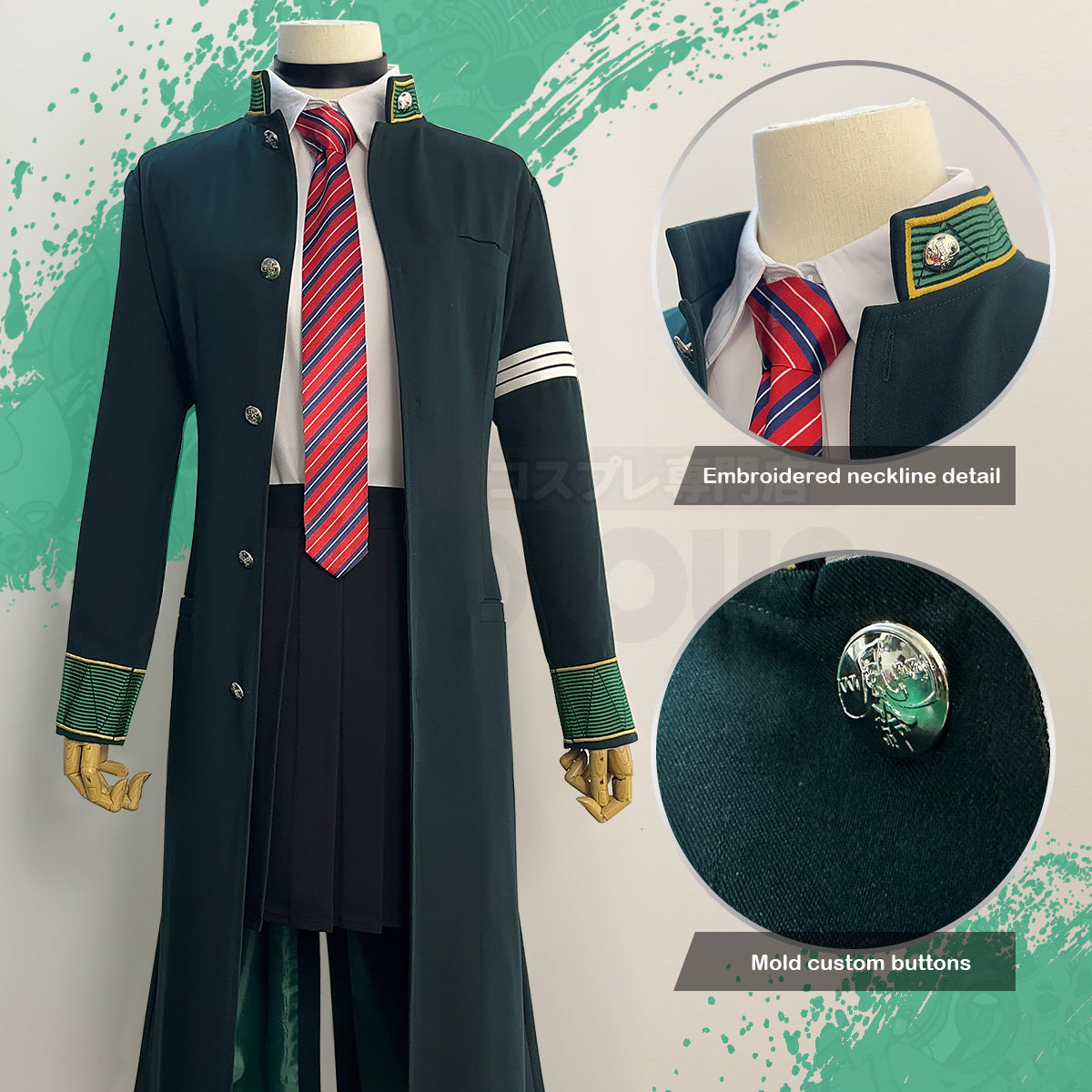 HOLOUN Wind Breaker Anime Tasuku Tsubakino Cosplay Costume Green Long Trench Coat Uniform Skirt White Shirt Choker Tie Bow-knot