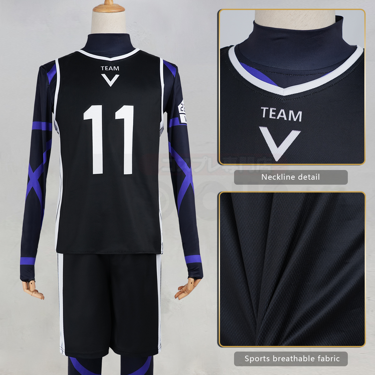 HOLOUN Blue Lock Anime Nagi Cosplay Costume Wig Jersey No.11 Black T-shirt Football Soccer Training Uniform Halloween Christmas