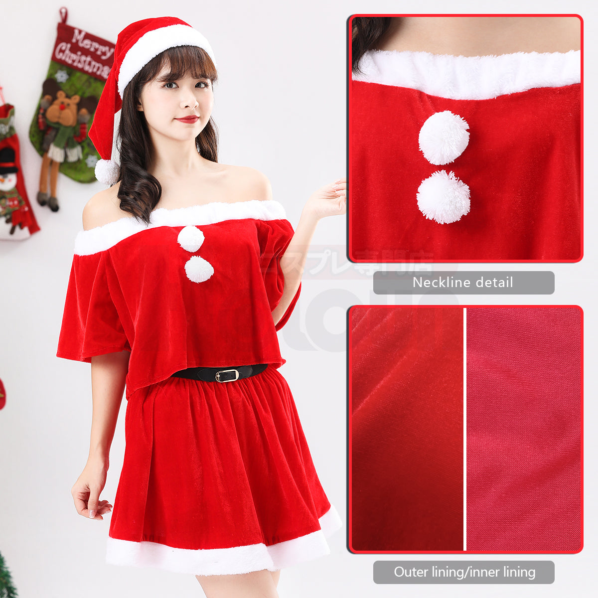HOLOUN Christmas Costume Women Girl Red Velvet Skirt 32-42CM Hat Top Santa Claus Xmas Winter Party In Stock