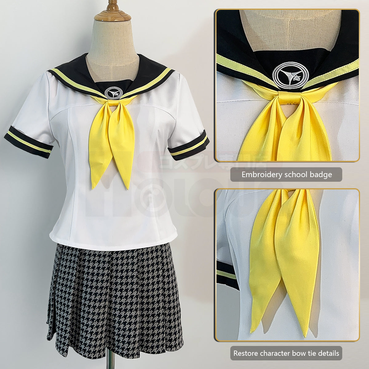 HOLOUN P4 Game Kujikawa Rise Cosplay Costume Embroidery School Badge Plaid Pattern Skirt Summer Version Sailor Top Bow-knot