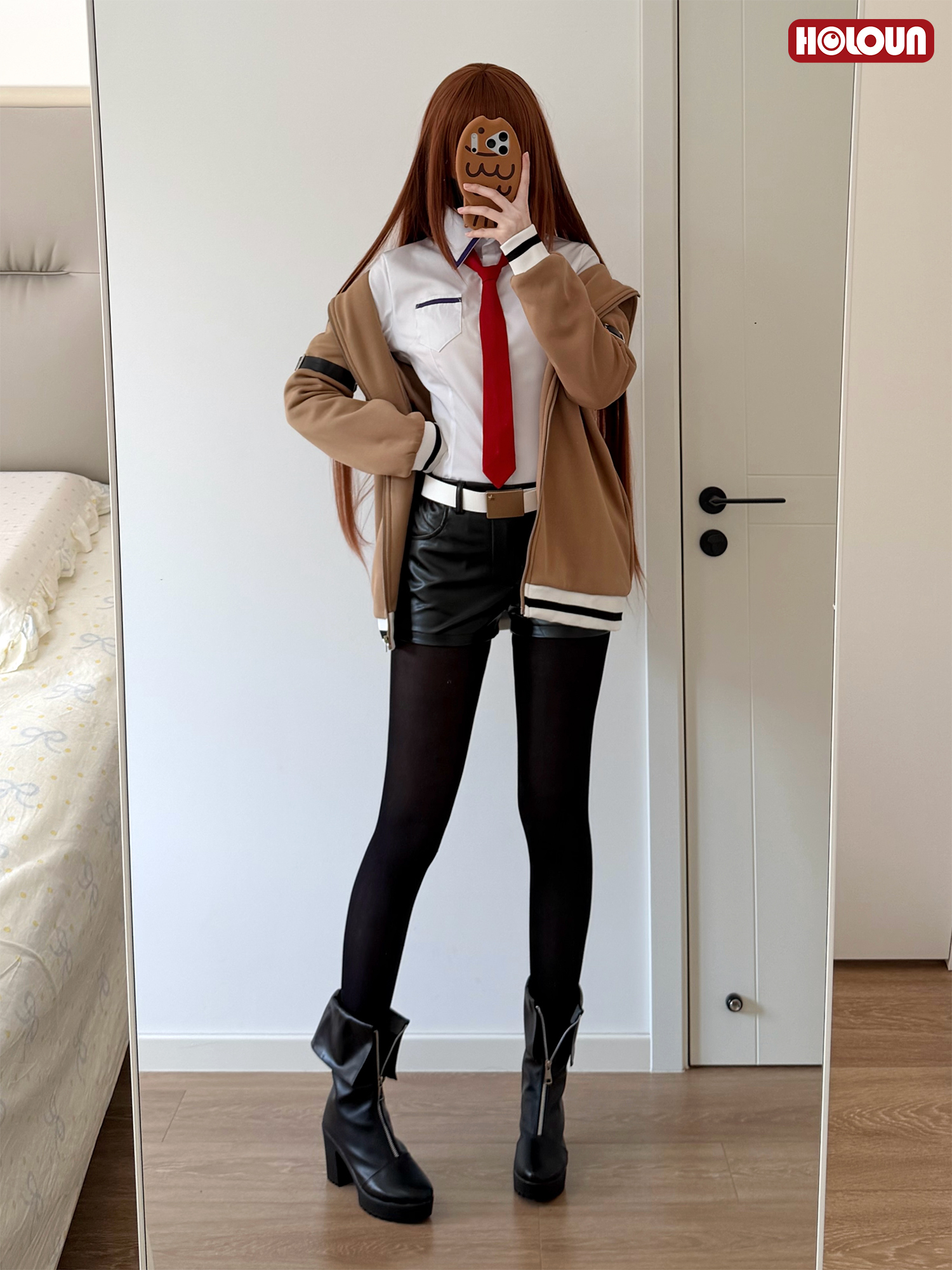 HOLOUN Steins Gate Anime Makise Kurisu Cosplay Costume Shirt Coat Shorts Tie Belt Arm Straps Daily Wear Cos Convention Gift