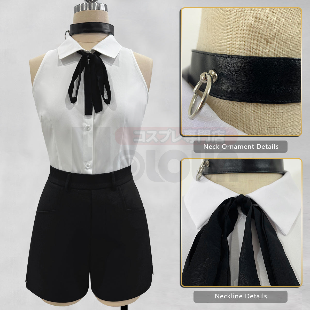 HOLOUN Chainsaw Anime Reze Cosplay Costume Wig White Shirt Black Shorts Choker Tie Halloween Christmas Convention Rose Net