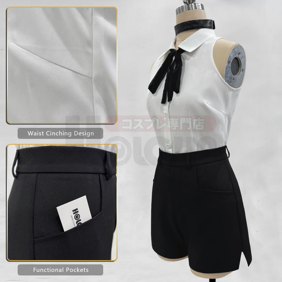 HOLOUN Chainsaw Anime Reze Cosplay Costume Wig White Shirt Black Shorts Choker Tie Halloween Christmas Convention Rose Net