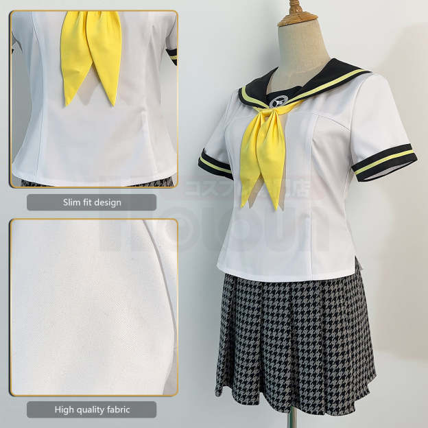 HOLOUN P4 Game Kujikawa Rise Cosplay Costume Embroidery School Badge Plaid Pattern Skirt Summer Version Sailor Top Bow-knot