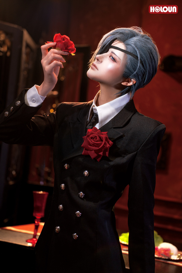 HOLOUN Anime Ciel Phantomhive Cosplay Costume Funeral Outfit Double-breasted Blazer Coat Eye Mask Convention Halloween