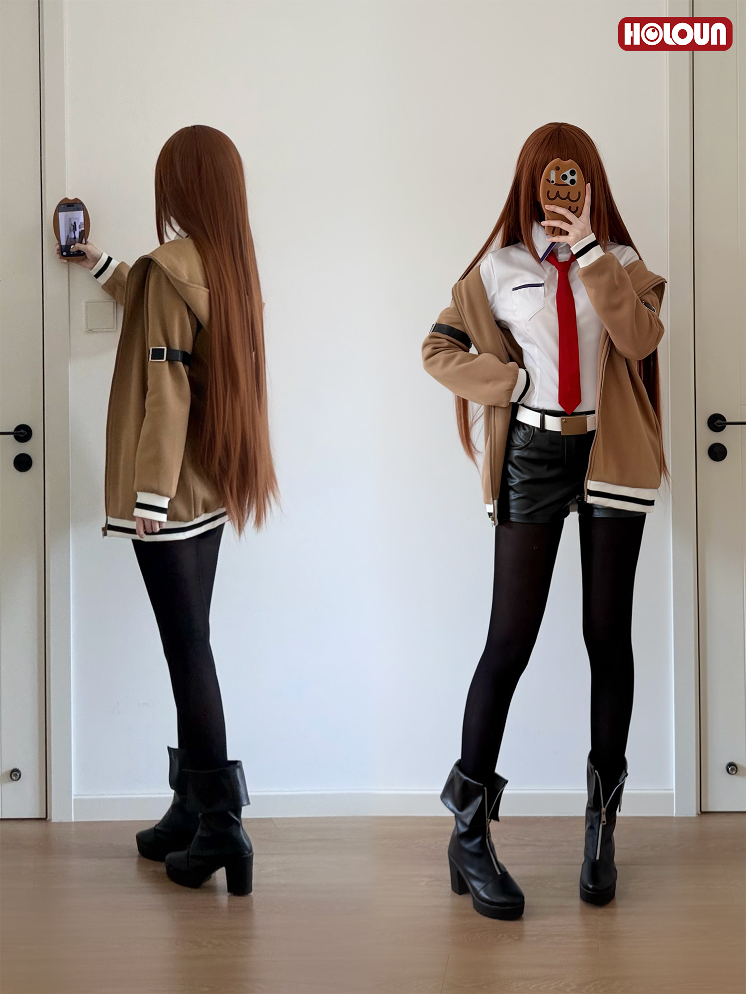 HOLOUN Steins Gate Anime Makise Kurisu Cosplay Costume Shirt Coat Shorts Tie Belt Arm Straps Daily Wear Cos Convention Gift