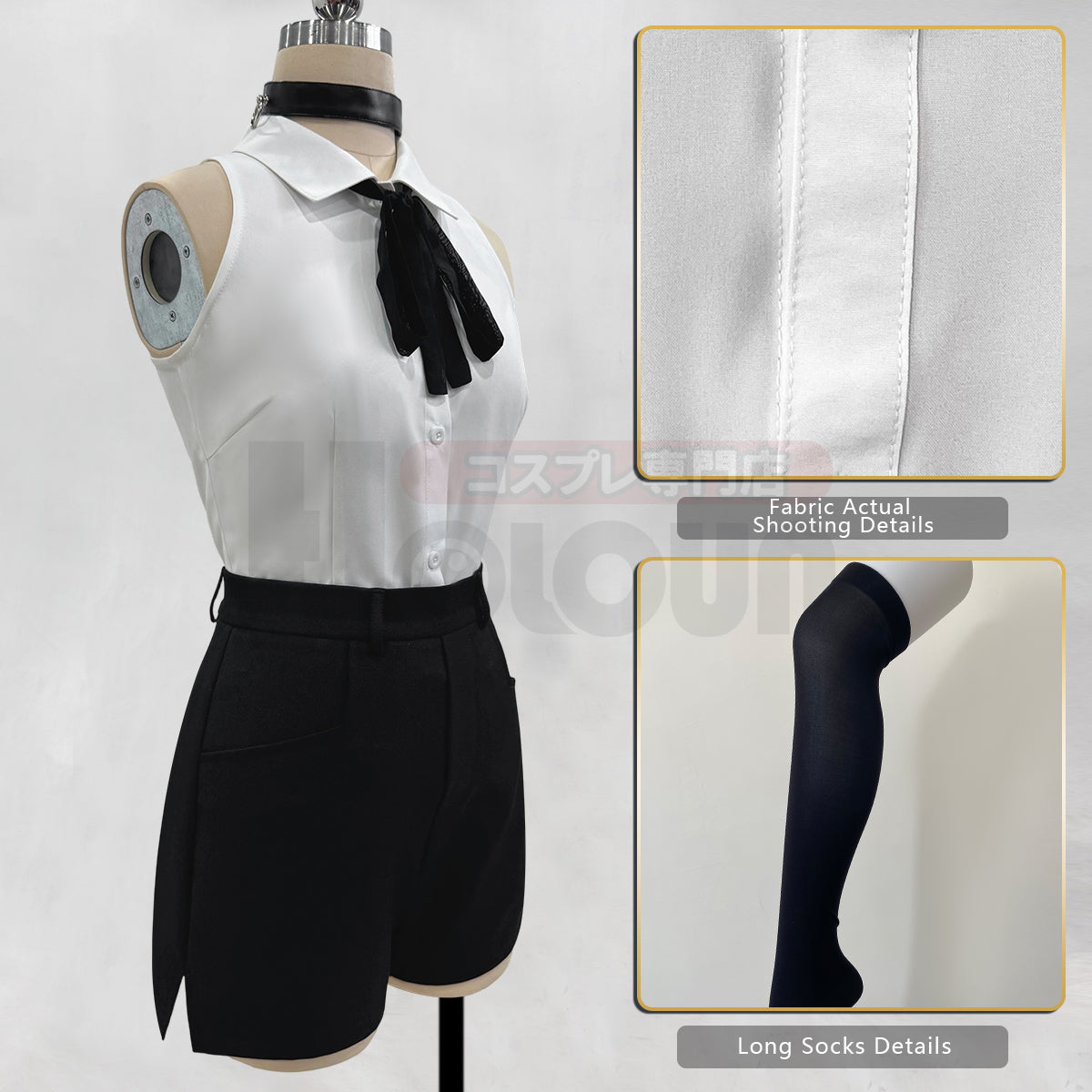 HOLOUN Chainsaw Anime Reze Cosplay Costume Wig White Shirt Black Shorts Choker Tie Halloween Christmas Convention Rose Net